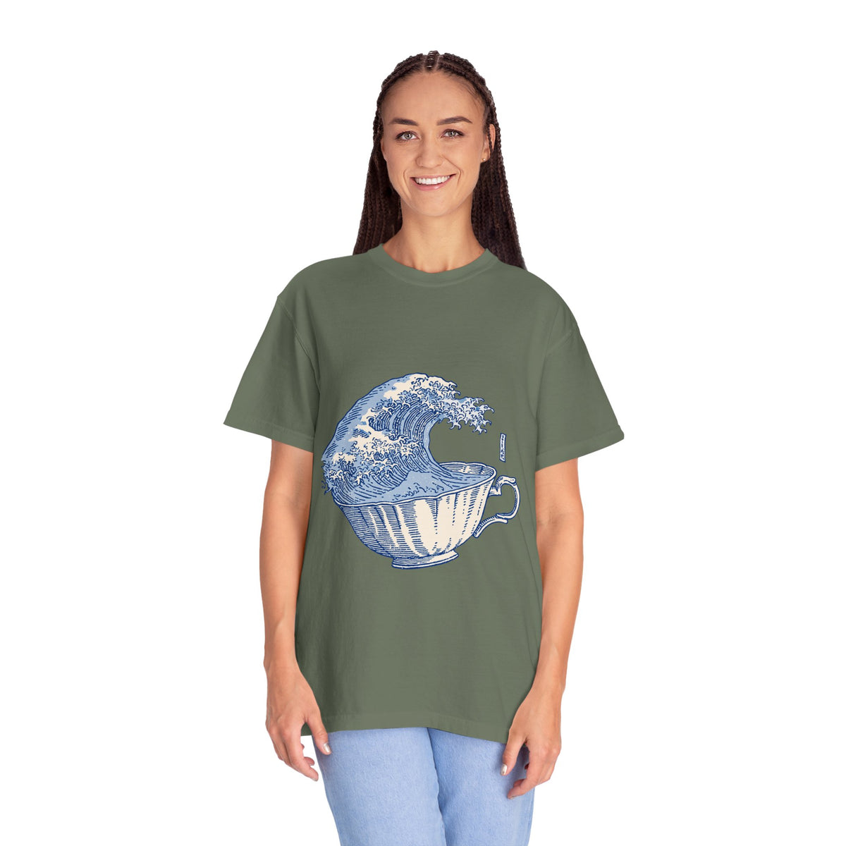 Great Wave Teacup Shirt, Japanese Art Inspired Ocean Graphic, Gift for Tea Lovers and Coastal Art Fans, Casual Cafe Weekend Outfit