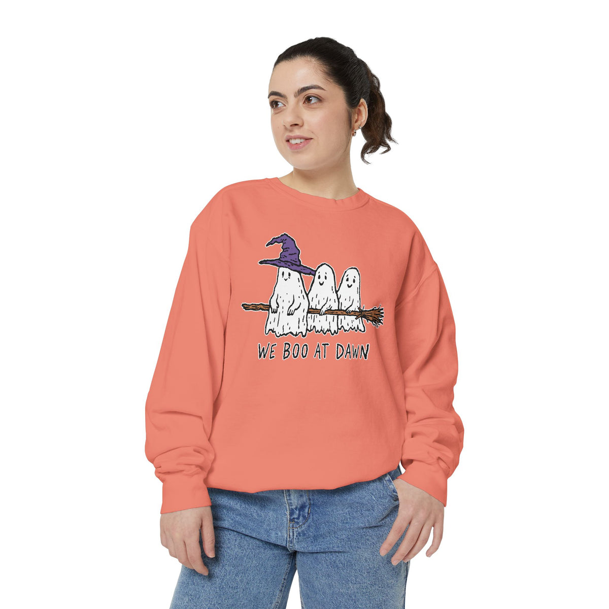 We Boo at Dawn Ghost Sweatshirt, Funny Halloween Witch Broom Pullover, Cute Spooky Season Gift for Friends and Ghost Lovers, October Outfit