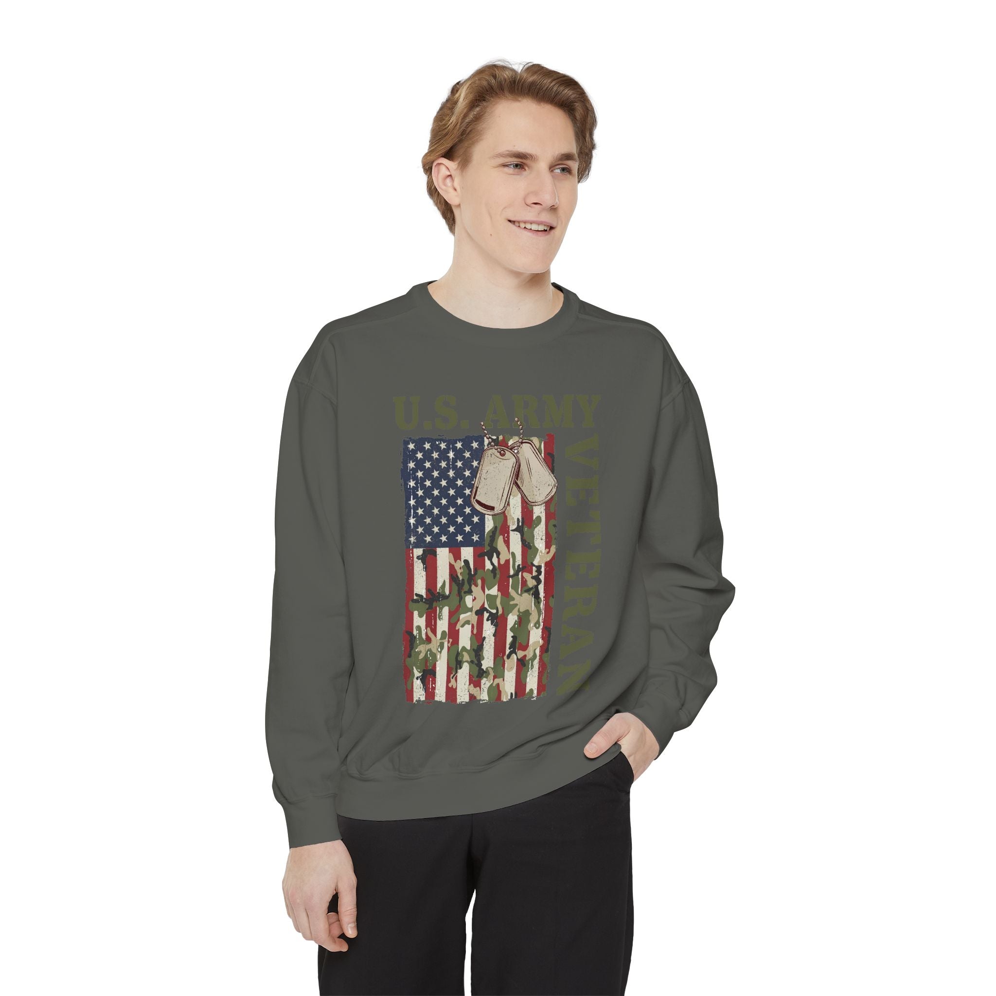 US Army Veteran Sweatshirt, American Flag Camo Crewneck, Military Dog Tag Pullover, Patriotic Soldier Gift, Retirement or Veterans Day Top