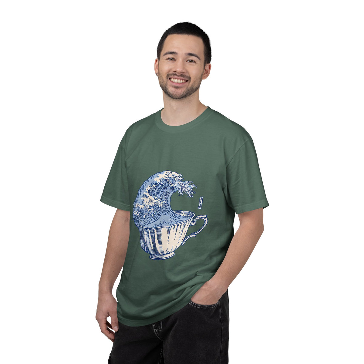 Great Wave Teacup Shirt, Japanese Art Inspired Ocean Graphic, Gift for Tea Lovers and Coastal Art Fans, Casual Cafe Weekend Outfit