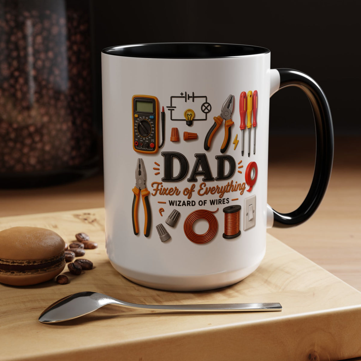 Electrician Dad Fixer of Everything Coffee Mug, Father's Day Gift for Electricians, Lineman Papa Handyman Ceramic Tea Cup with Black Handle