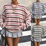 Round neck contrasting striped pullover loose sweatshirt