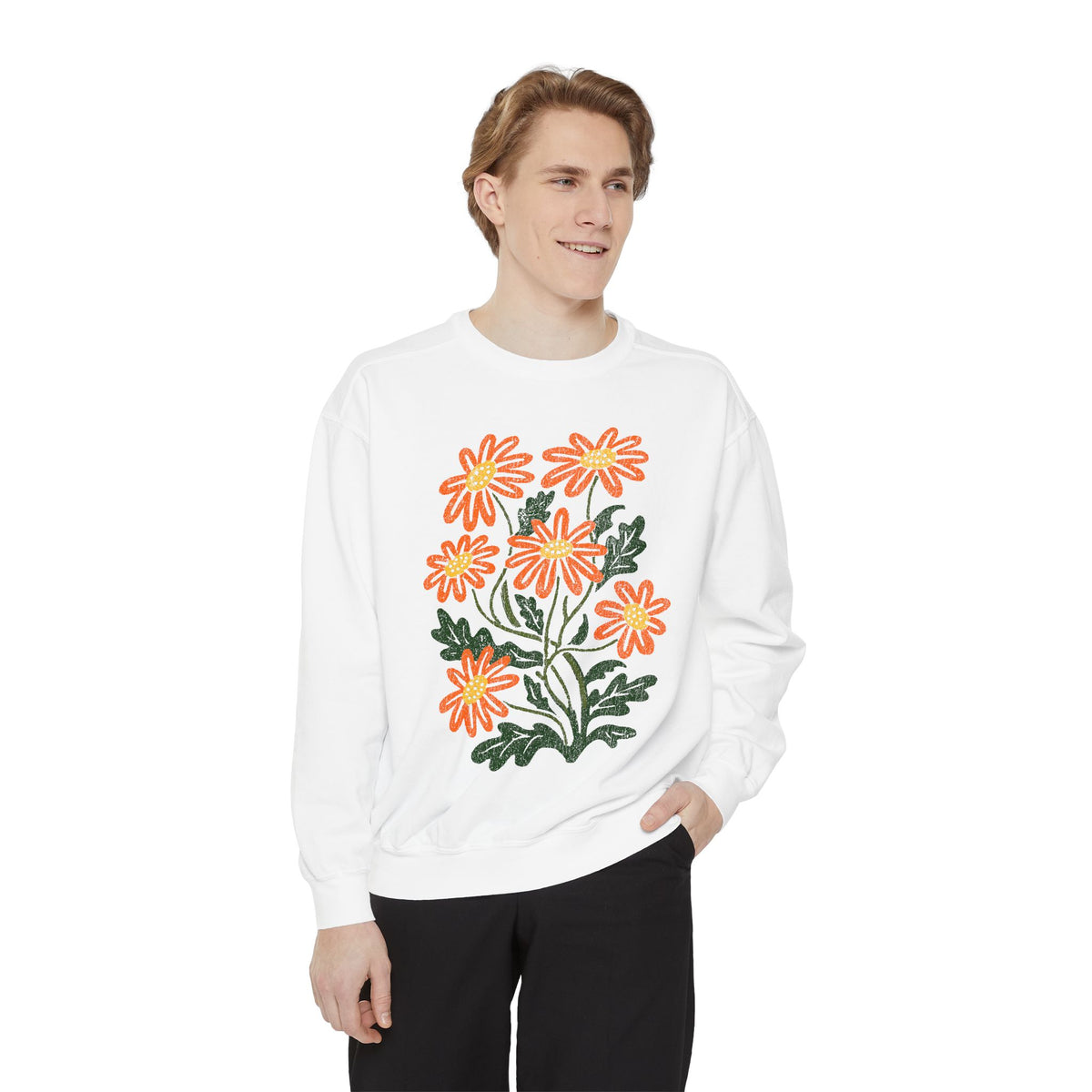 Orange Daisy Graphic Sweatshirt, Retro Floral Pullover for Flower Lovers, Groovy Botanical Top, Cheerful Garden Gift for Women