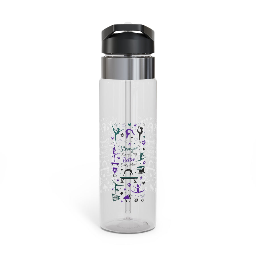 A clear Tritan water bottle with a black screw-on lid and straw, printed with gymnast silhouettes, stars, trophies, and the message 'Stronger Every Day, Better Every Move.'