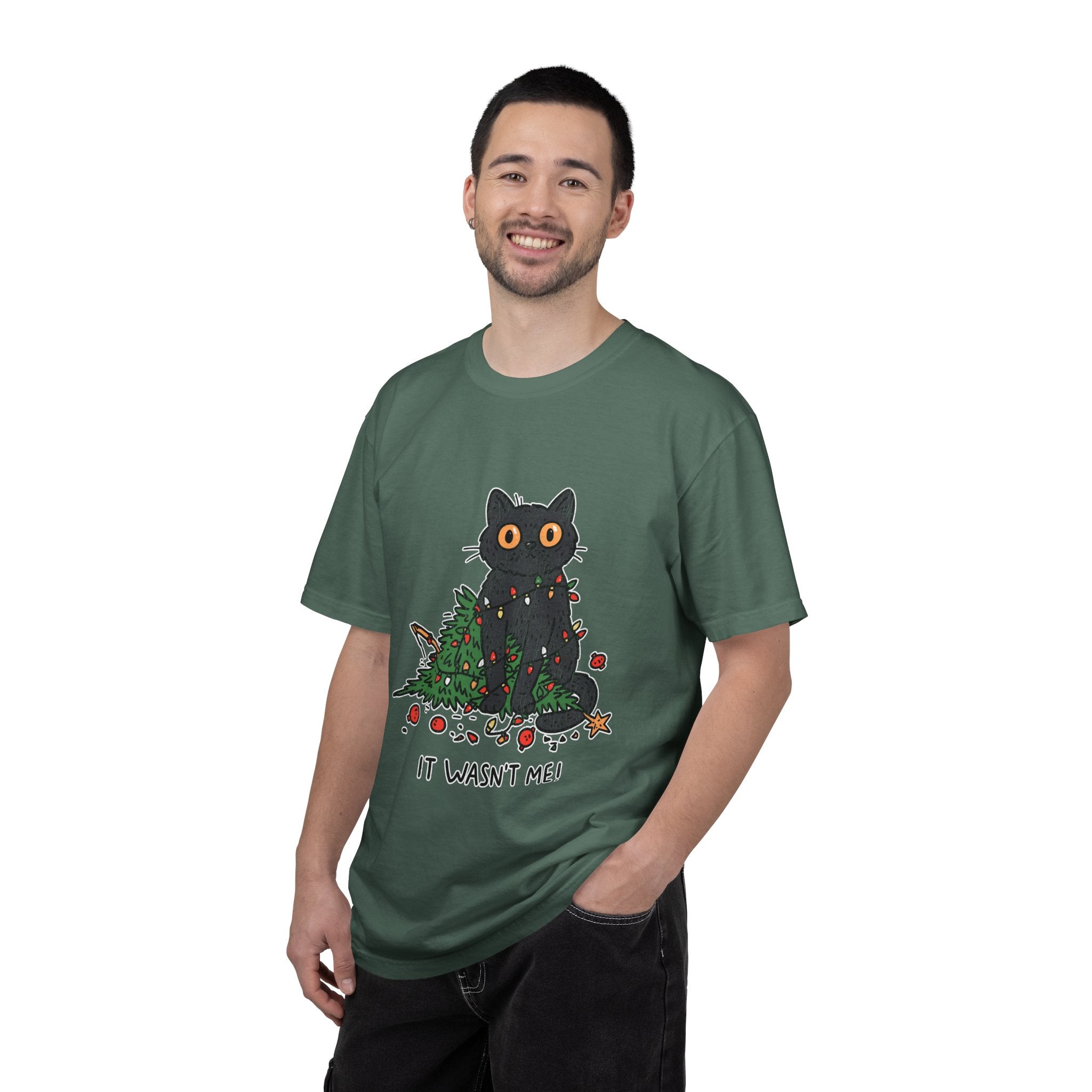 It Wasn't Me Black Cat Christmas Shirt, Funny Holiday T-Shirt, Mischievous Kitty Lights Tee, Gift for Cat Mom, Cat Dad, Christmas Party Top