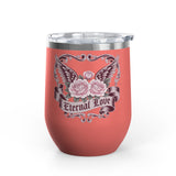 Eternal Love Wine Tumbler, Gothic Rose and Angel Wings Design, Romantic Anniversary Gift for Her, Vintage Tattoo Style Drinkware