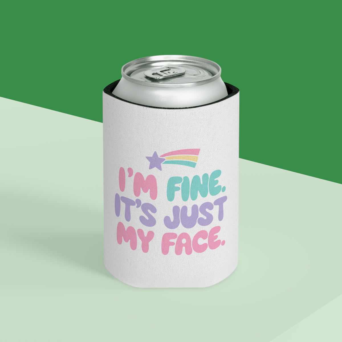 Funny Sarcastic Can Cooler, I'm Fine It's Just My Face Pastel Quote, Sassy Drink Holder, Birthday Gift for a Best Friend or Office Coworker