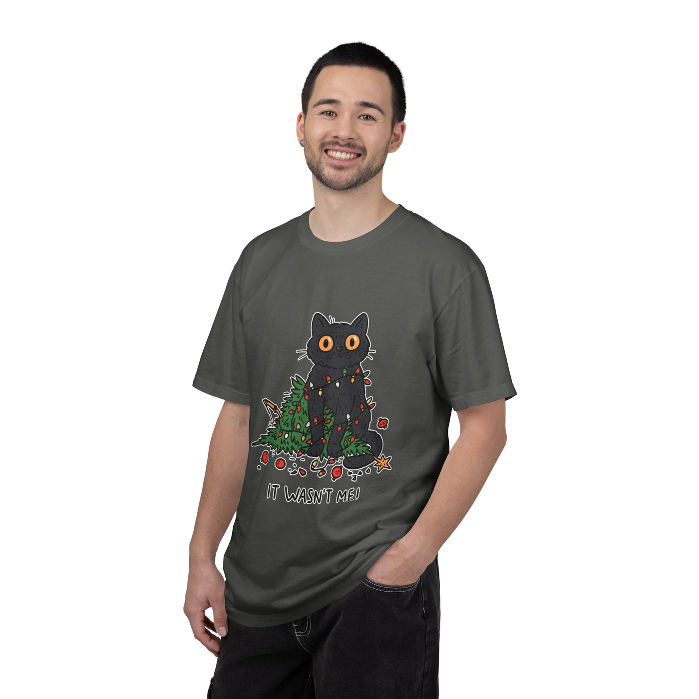 It Wasn't Me Black Cat Christmas Shirt, Funny Holiday T-Shirt, Mischievous Kitty Lights Tee, Gift for Cat Mom, Cat Dad, Christmas Party Top