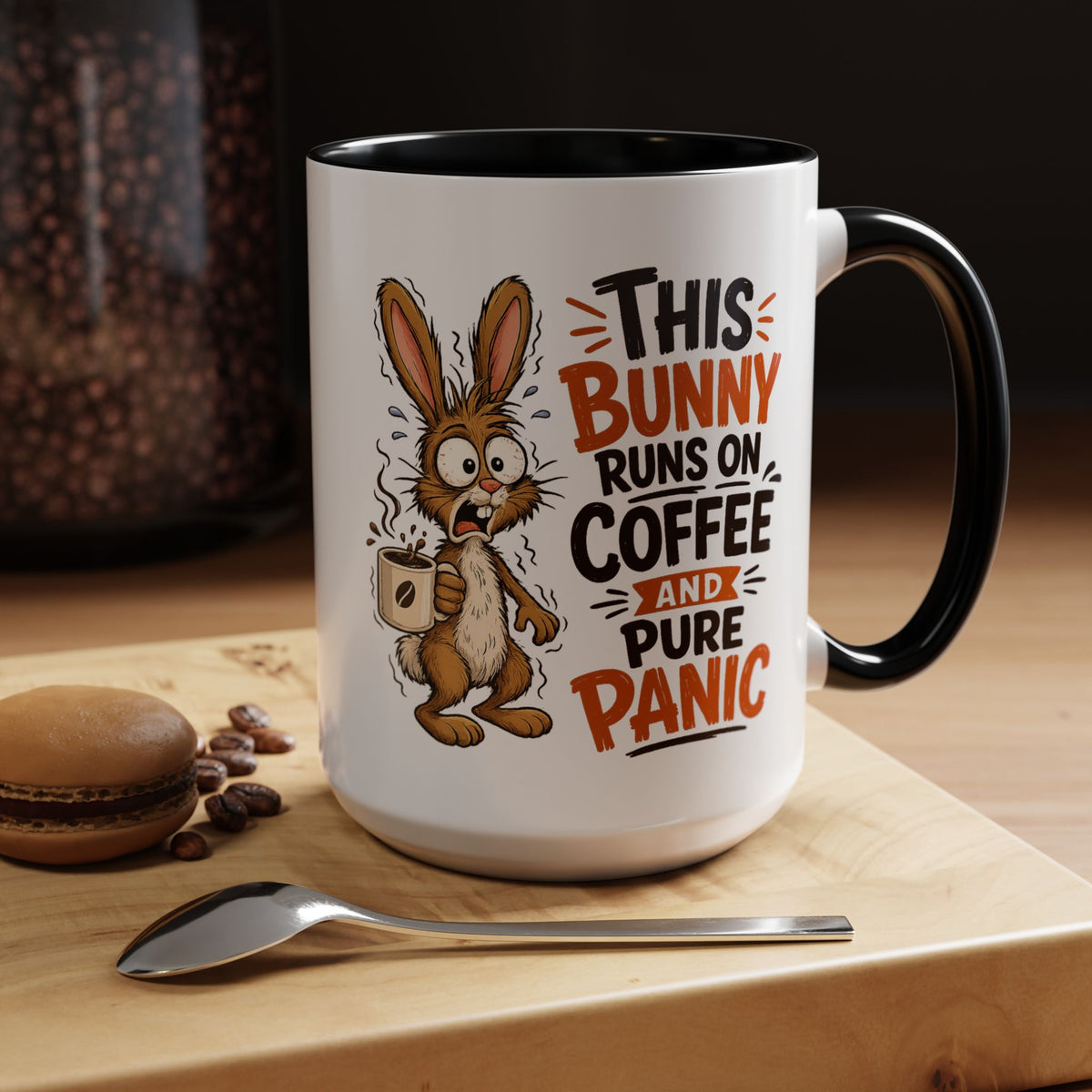This Bunny Runs on Coffee and Pure Panic Coffee Mug, Funny Rabbit Lover Gift for Friends, Cute Sarcastic Ceramic Tea Cup with Black Handle