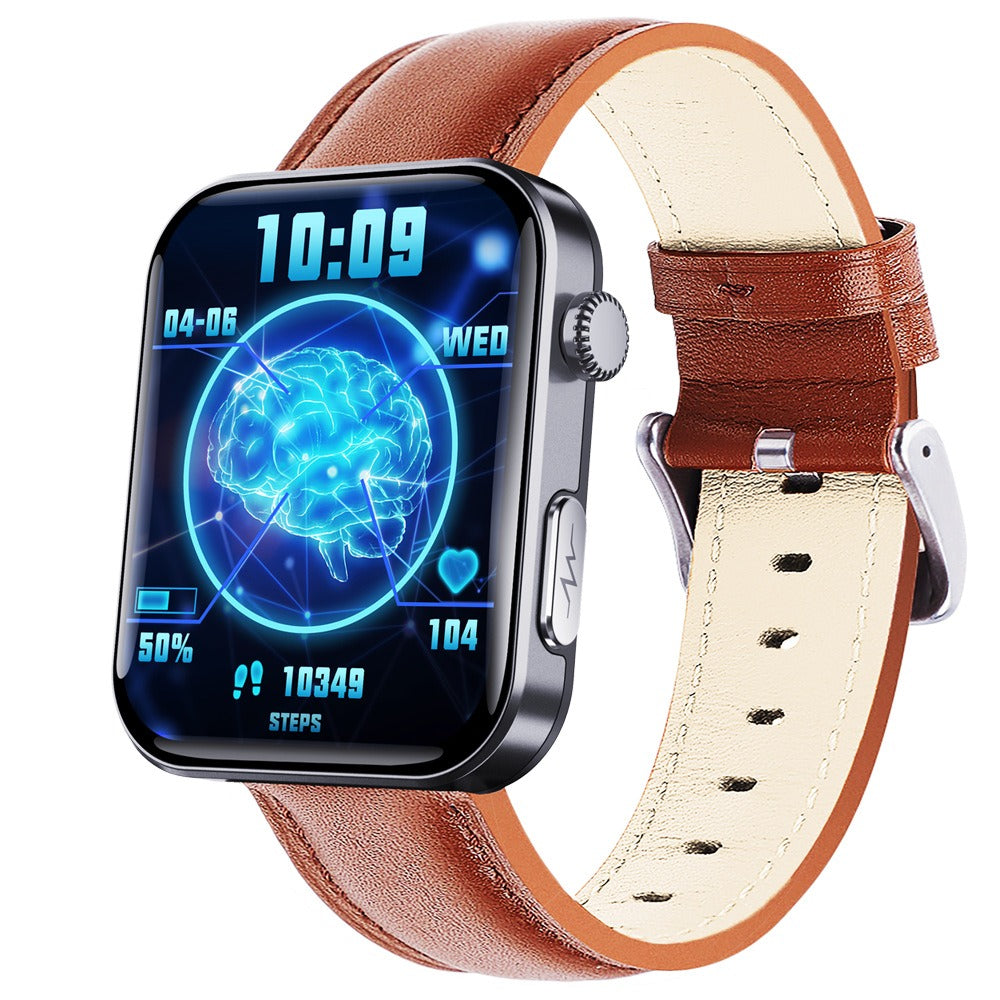 F300 smartwatch with a brown strap, square touchscreen face showing heart rate and step count