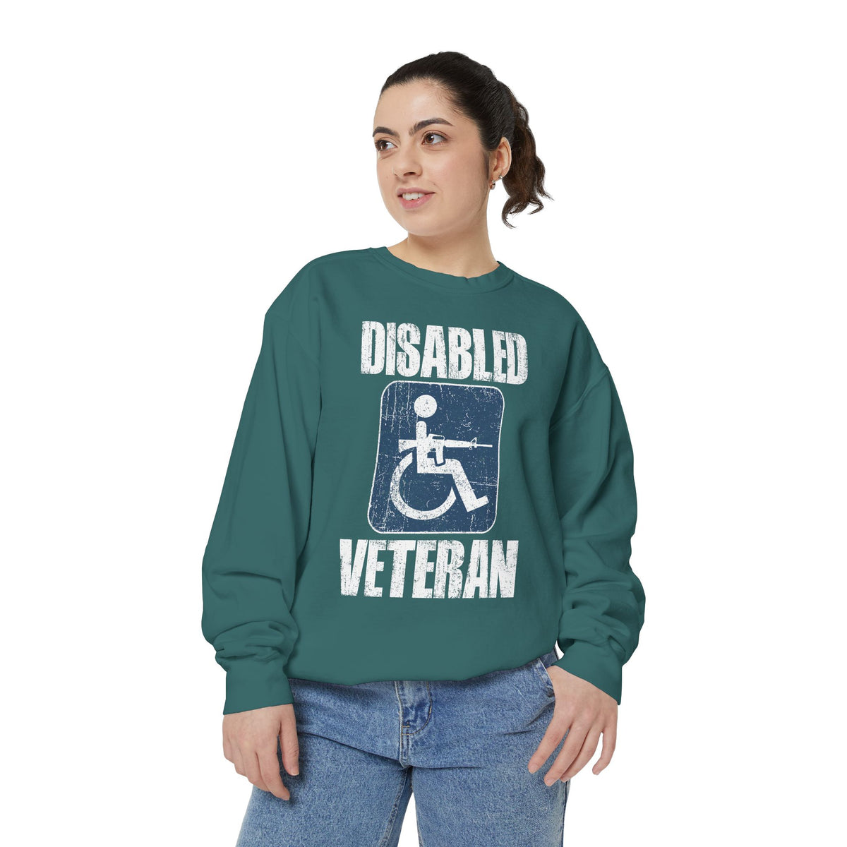 Disabled Veteran Sweatshirt, Distressed Wheelchair and Rifle Graphic, Military Service Pride, Veterans Day Gift and Everyday Casual Wear