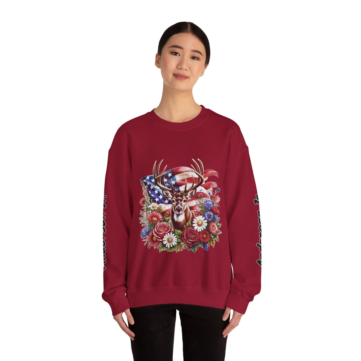 Personalized Hunting Family Sweatshirt, Custom Deer Patriotic Pullover, American Flag Floral Crewneck, Family Gift, Outdoorsman Shirt