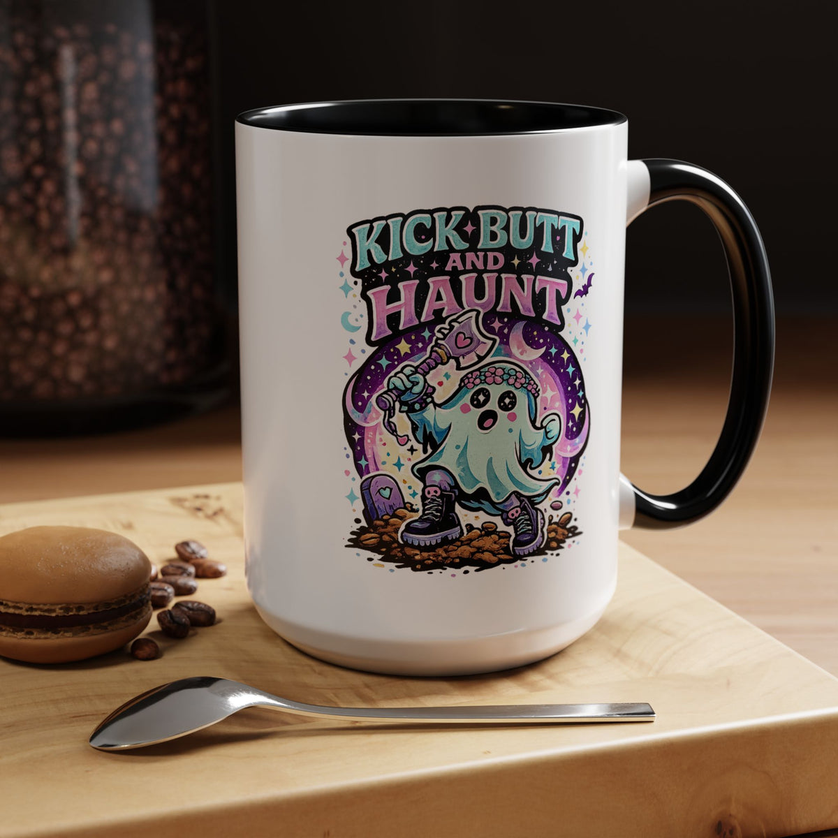 Kick Butt and Haunt Mug, Cute Pastel Ghost Black Accent Coffee Cup, Unique Funny Halloween Gift for Her, Spooky Bestie or Pastel Goth