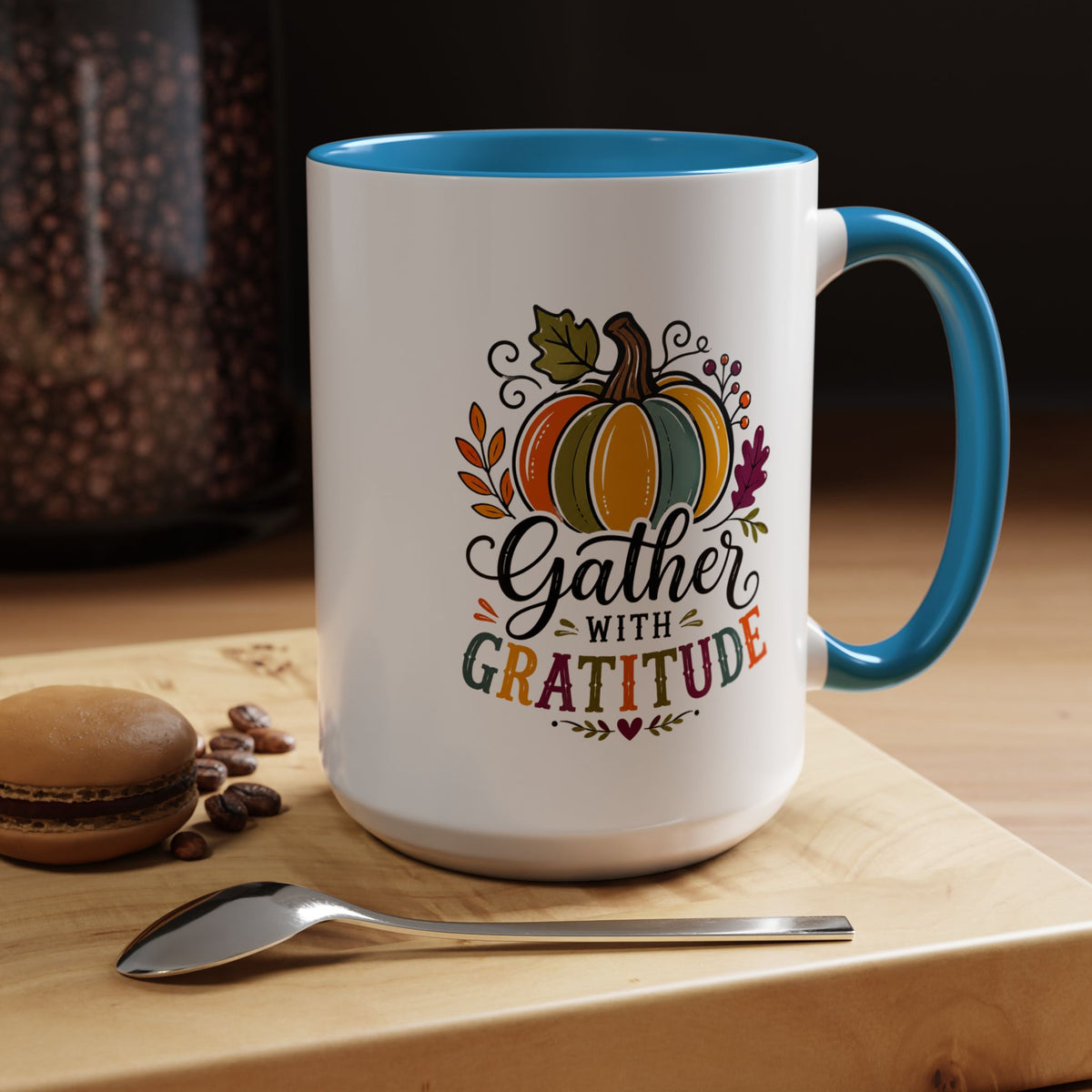 Gather With Gratitude Mug, Colorful Pumpkin Thanksgiving Coffee Cup, Cozy Fall Hostess Gift, Autumn Kitchen and Harvest Decor