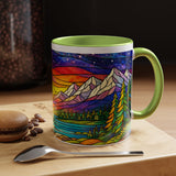 Colorful Sunset Landscape Mug, Stained Glass Nature Coffee Mug, Mountain Lake Art Mug, Outdoor Lover Gift, Scenic Ceramic Cup