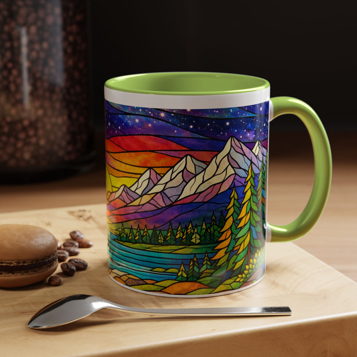 Colorful Sunset Landscape Mug, Stained Glass Nature Coffee Mug, Mountain Lake Art Mug, Outdoor Lover Gift, Scenic Ceramic Cup