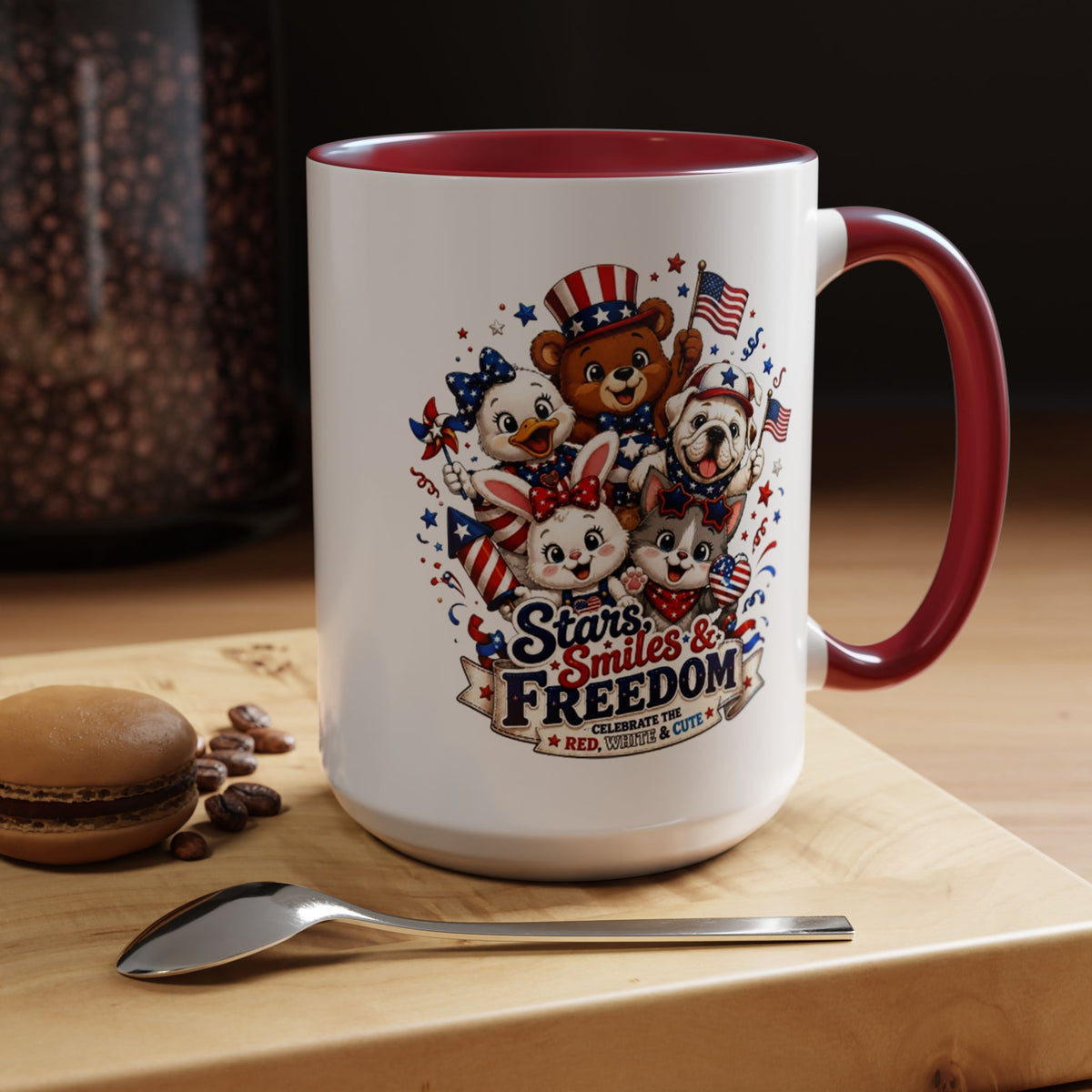 Cute Patriotic Animal Coffee Mug, Fourth of July Mug for Kids and Families, Stars Smiles and Freedom Cup, Independence Day Gift