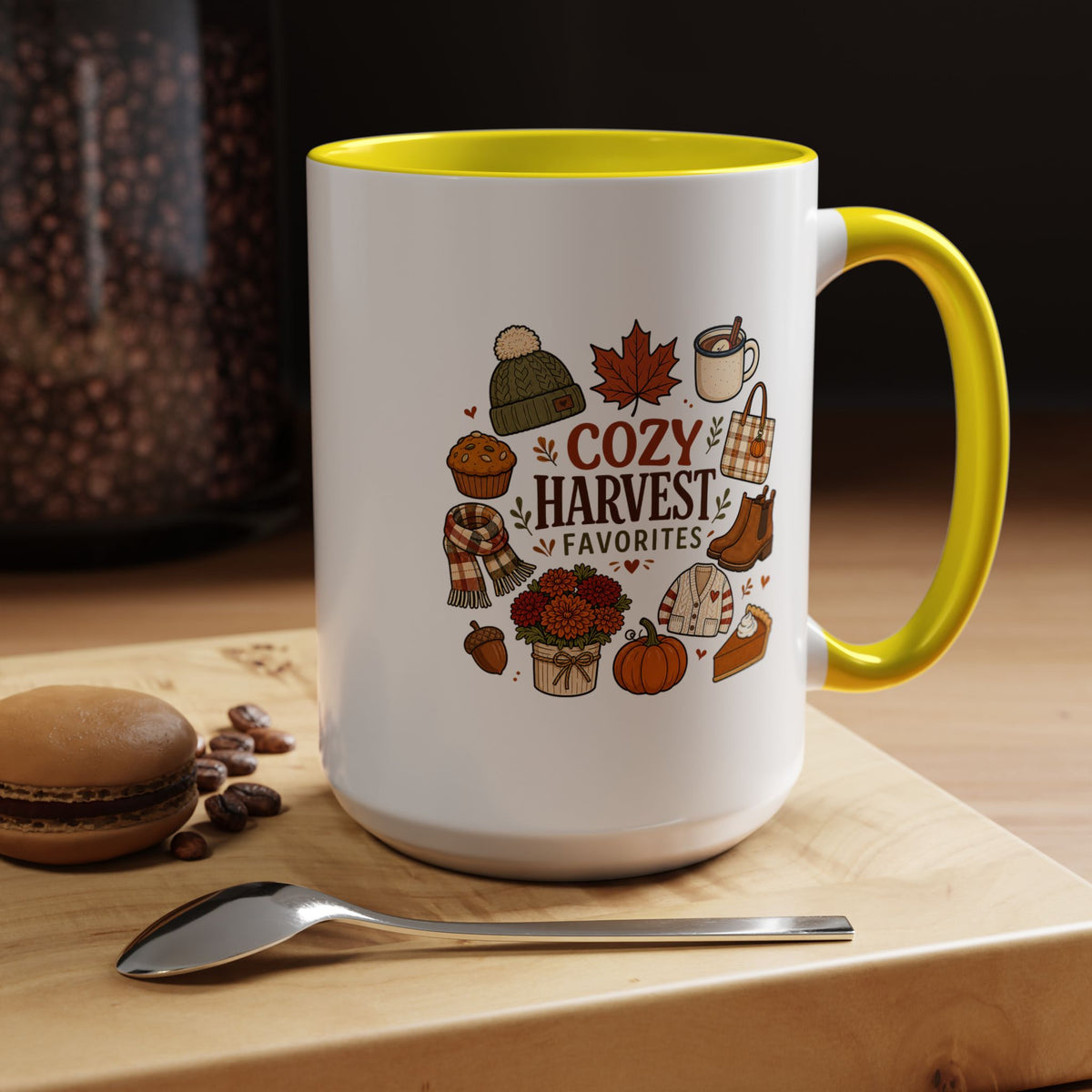 Cozy Harvest Coffee Mug, Cute Autumn Favorites Cup, Fall Gift for Her, Pumpkin Spice Lover Birthday Present, Thanksgiving Kitchen Decor