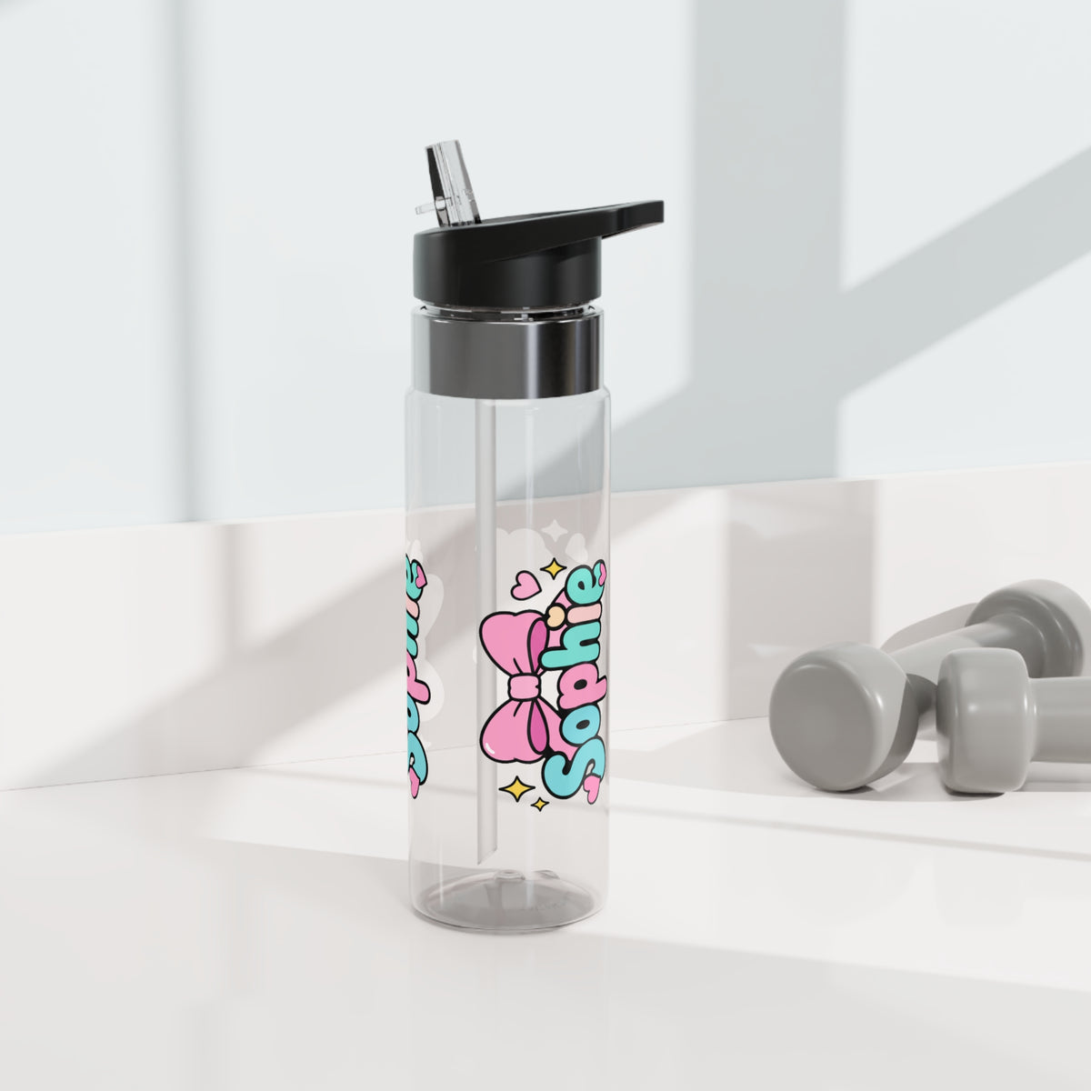 Personalized Pink Bow Water Bottle, Custom Name Drink Bottle for Girls, Cute Pastel School Bottle, Birthday Gift for Her