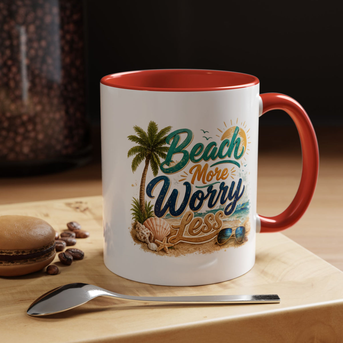 Beach More Worry Less Coffee Mug, Summer Vacation Gift for Ocean Lovers, Cute Tropical Palm Tree Ceramic Tea Cup with Dark Blue Handle