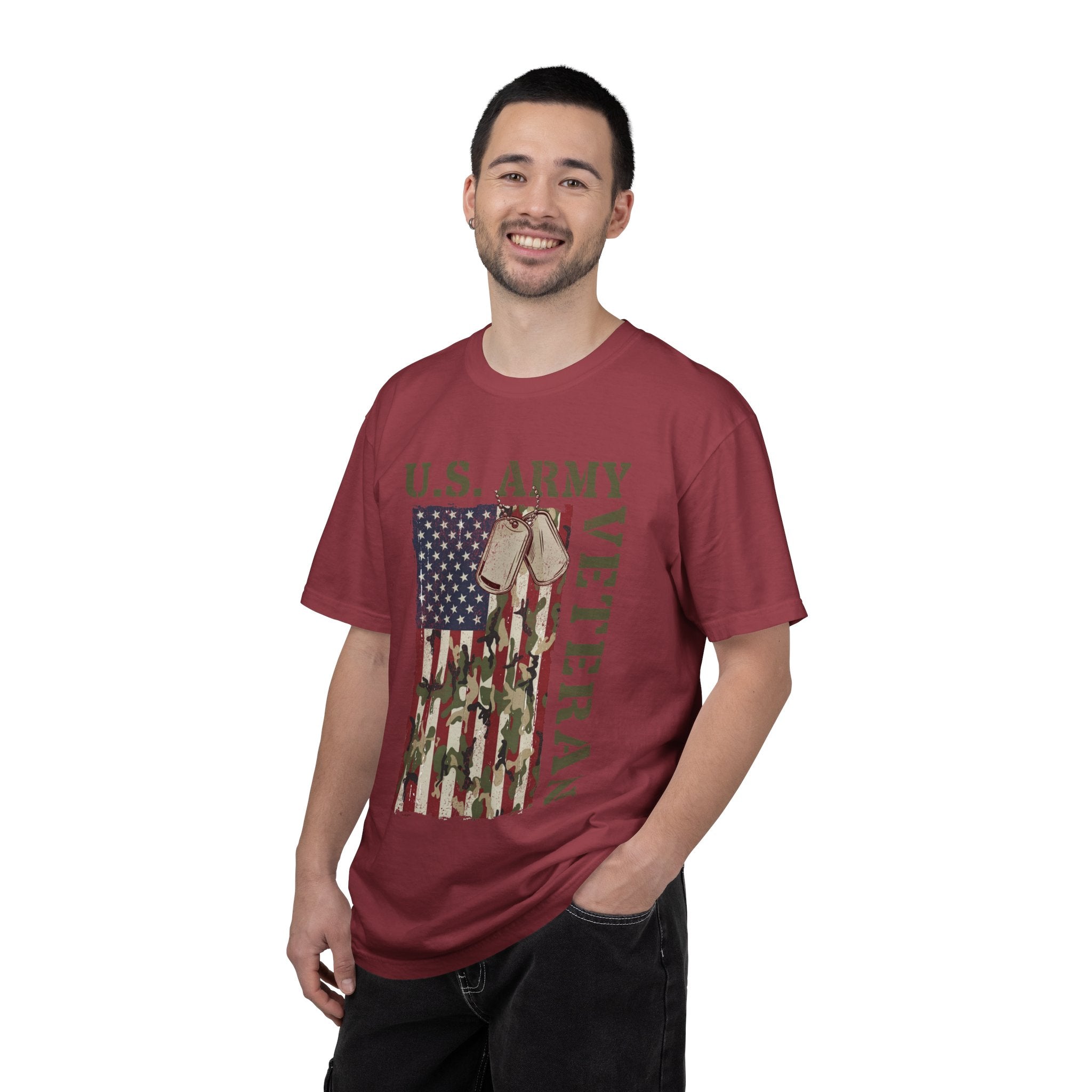 US Army Veteran Shirt, American Flag Camo T-Shirt, Military Dog Tag Tee, Patriotic Gift for Soldier, Retirement or Veterans Day Top