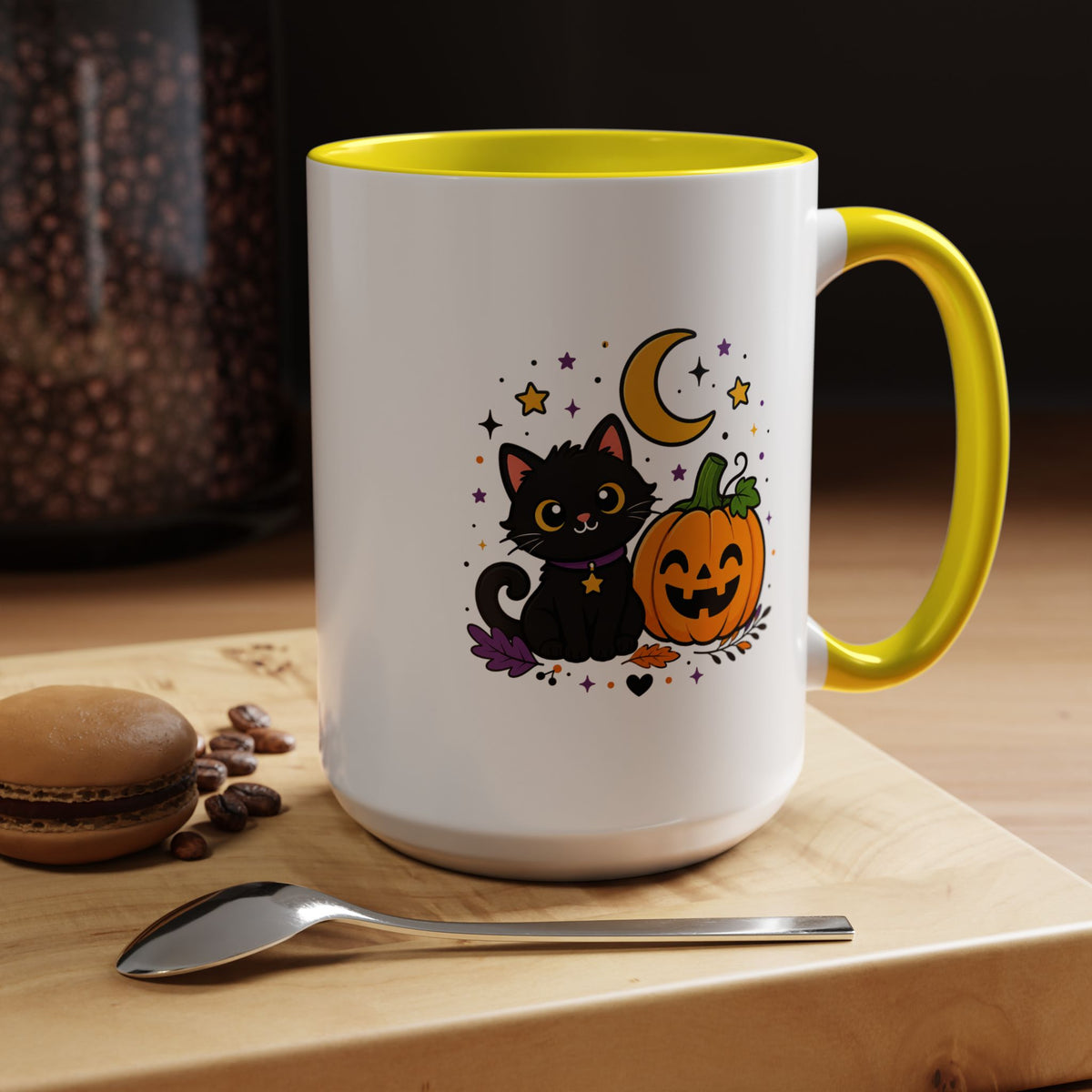 Cute Black Cat Halloween Mug, Pumpkin and Moon Coffee Cup, Spooky Season Gift for Cat Lover, Fall Birthday Present, Witchy Fall Decor