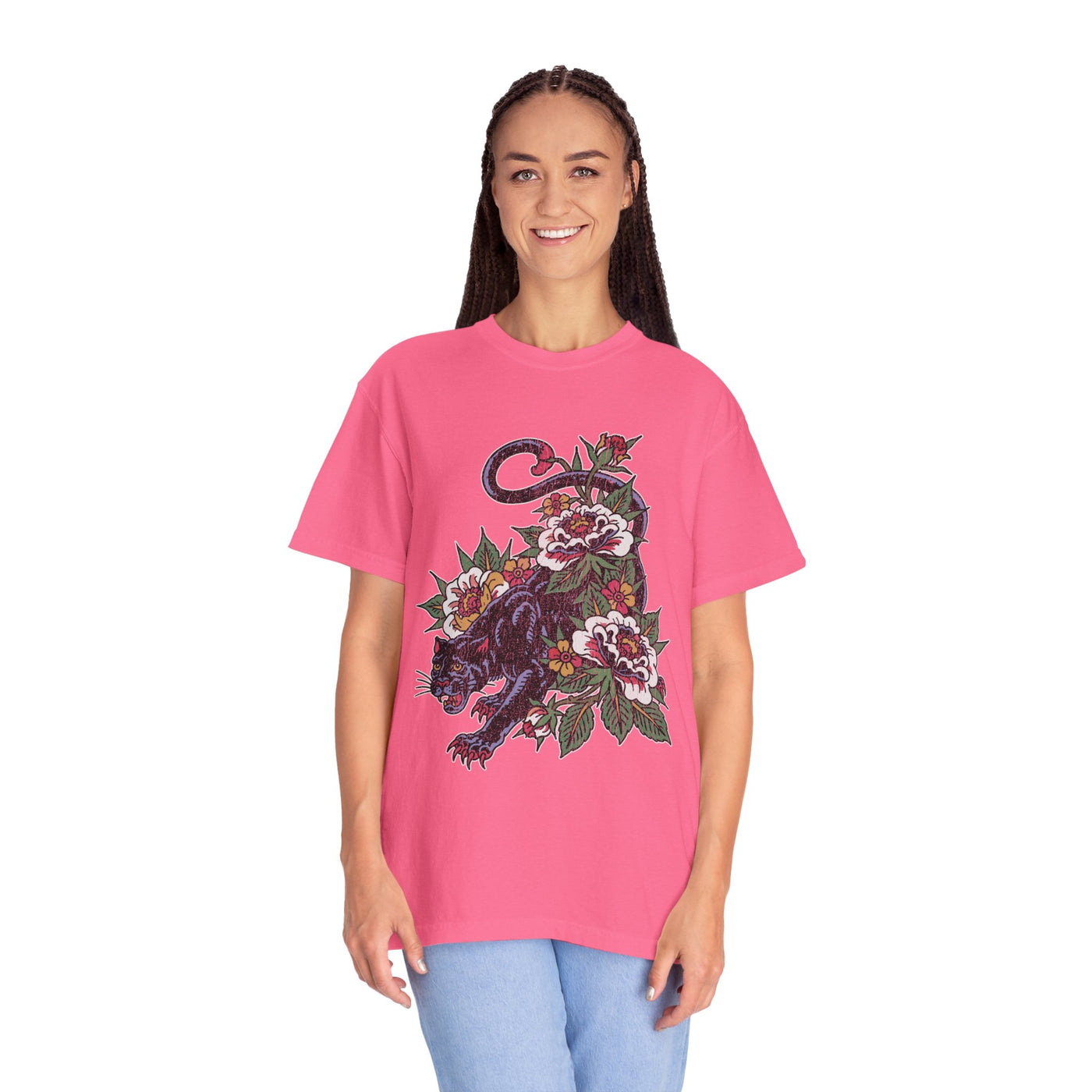 Traditional Panther Graphic Shirt, Floral Tattoo T-Shirt for Men and Women, Old School Big Cat Tee, Alternative Art Gift for Tattoo Fans