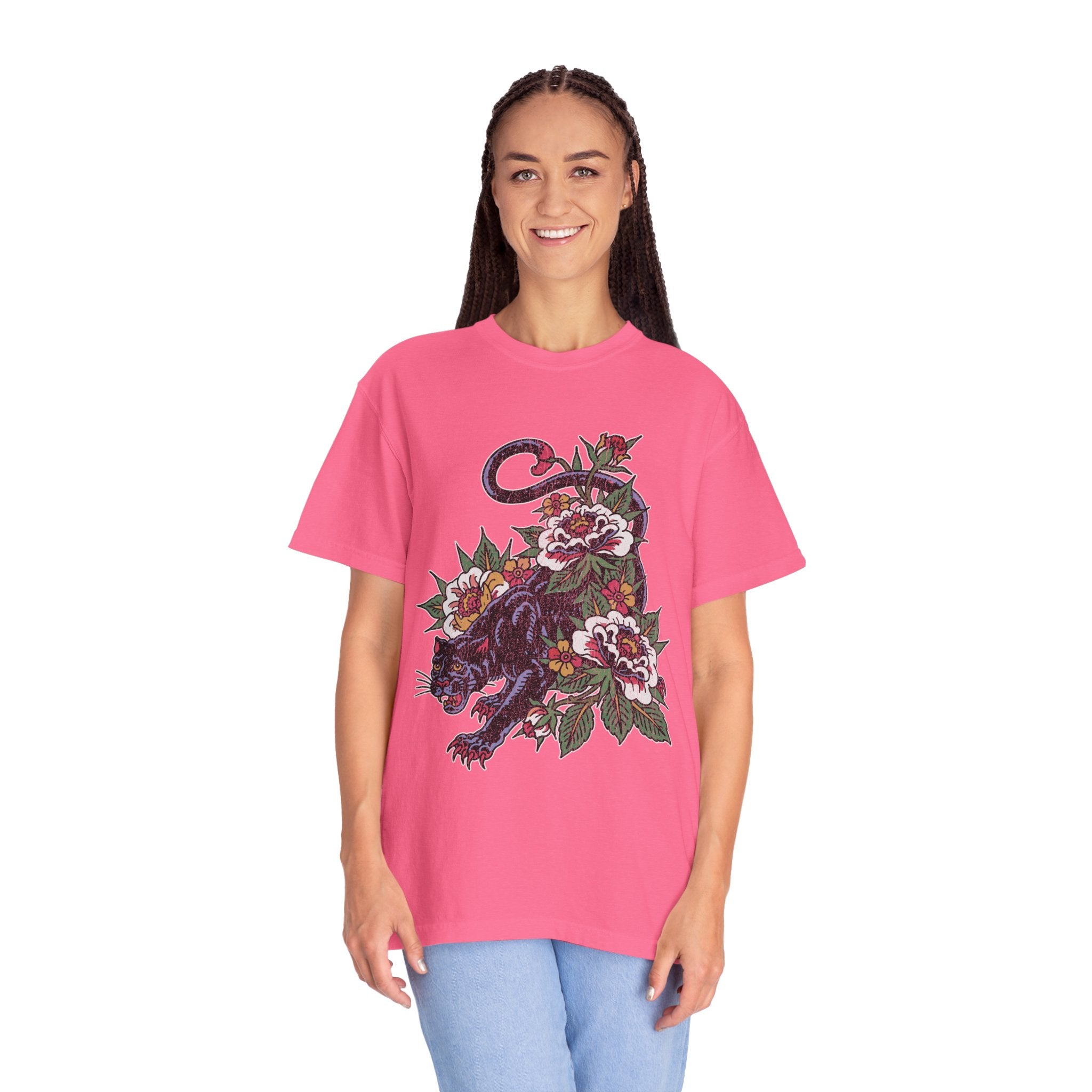 Traditional Panther Graphic Shirt, Floral Tattoo T-Shirt for Men and Women, Old School Big Cat Tee, Alternative Art Gift for Tattoo Fans
