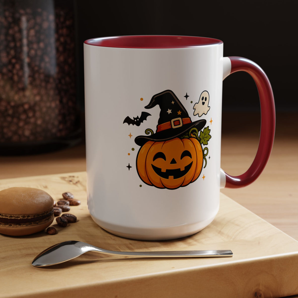 Cute Pumpkin Halloween Mug, Smiling Jack O Lantern Black Accent Coffee Cup, Cute Friendly Ghost Gift for Kids, Teachers or Fall Lovers