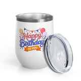 Happy Birthday to You Wine Tumbler, Pink and Blue Balloons with Party Bunting, Colorful Drinkware Gift for a Sister or Best Friend's Party