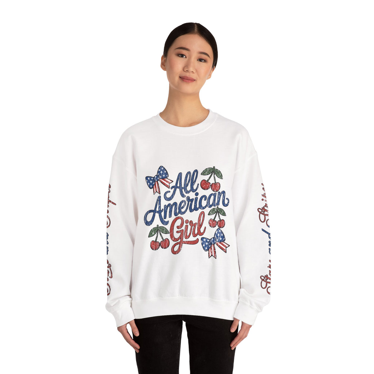 All American Girl Sweatshirt, Patriotic Womens Pullover, USA Flag Cherry Top, Vintage Americana Style, Fourth of July Gift