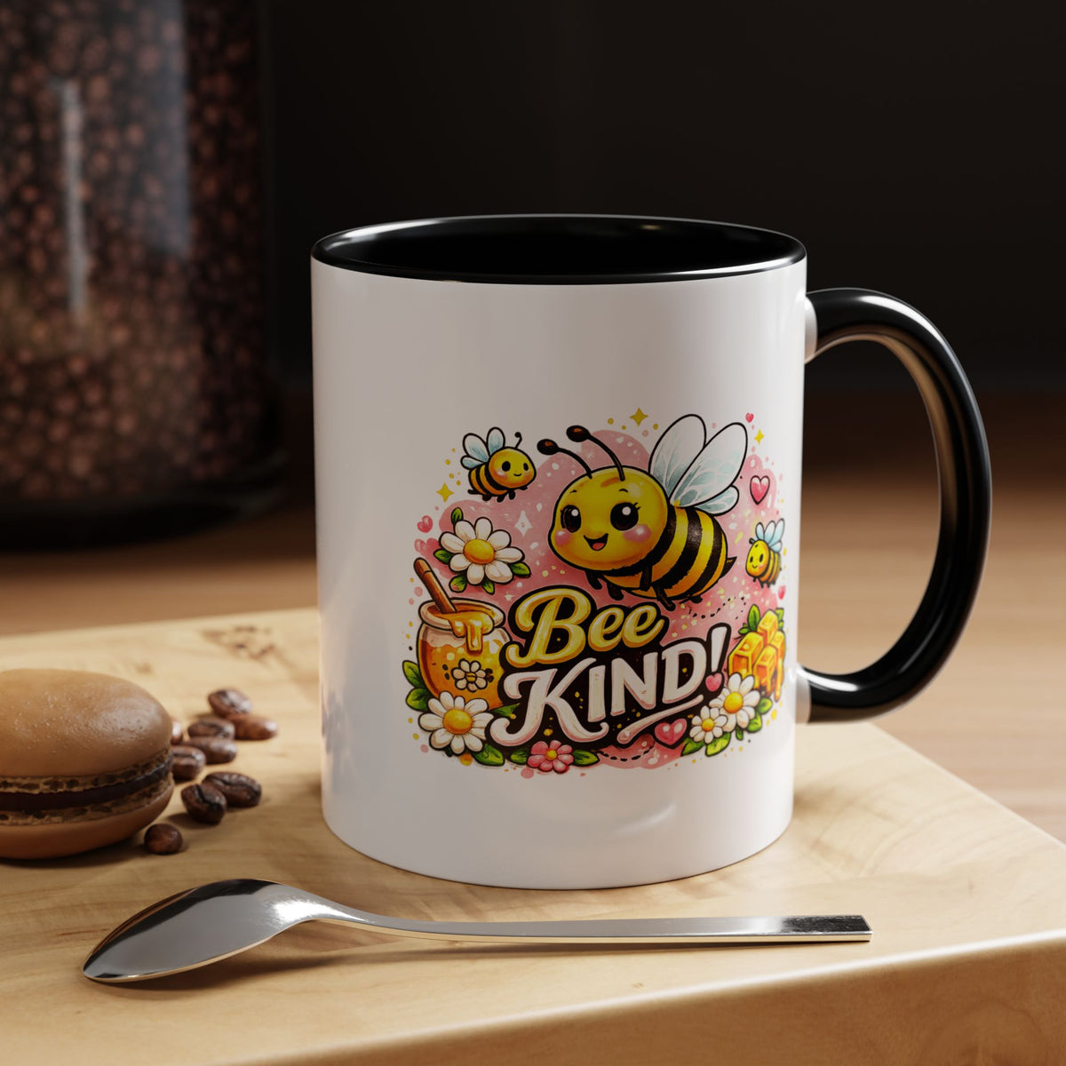 Bee Kind Coffee Mug, Cute Bumblebee Floral Black Accent Cup, Sweet Positive Kindness Gift for Bee Lover, Teacher, Friend or Gardener