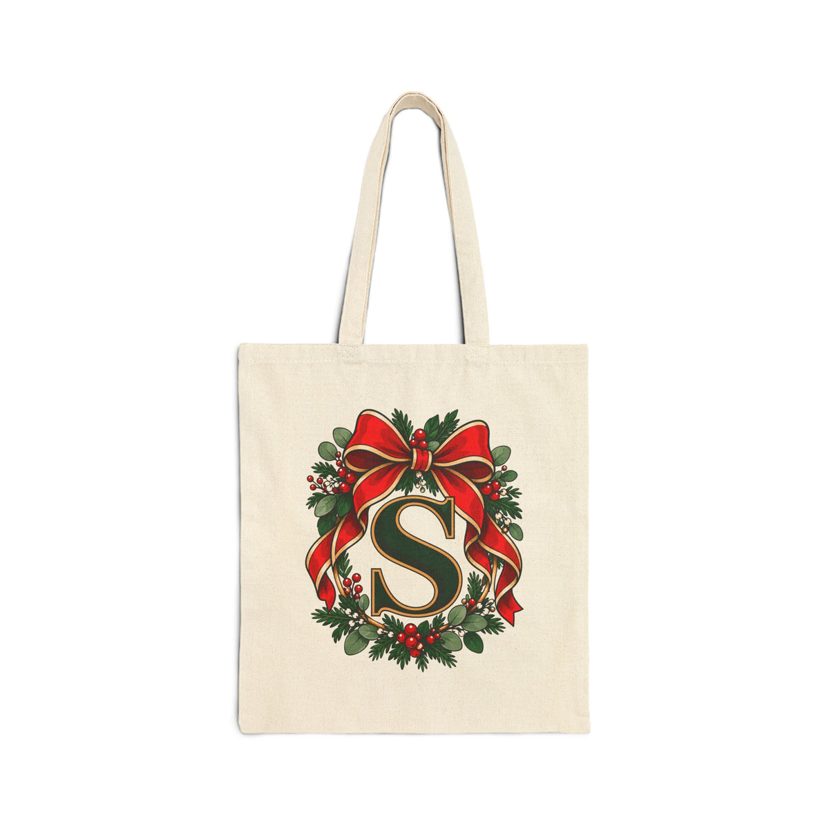 Christmas Initial Tote Bag, Personalized Cotton Canvas 15x16, Red Bow Monogram, Evergreen Wreath Holiday Gift