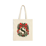 Christmas Initial Tote Bag, Personalized Cotton Canvas 15x16, Red Bow Monogram, Evergreen Wreath Holiday Gift