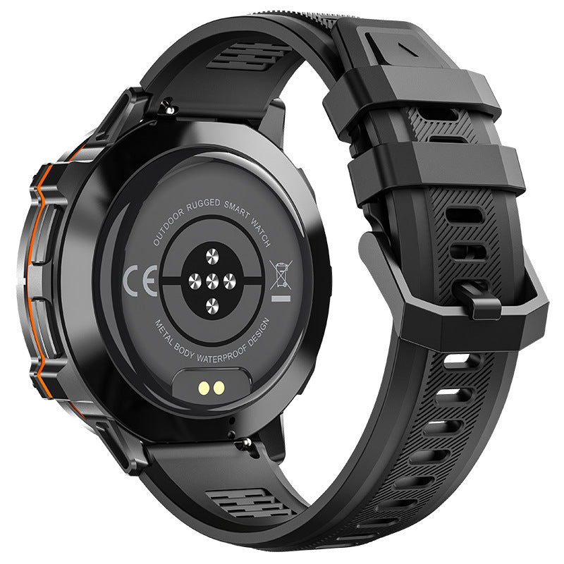 Black smart watch bracelet with AMOLED touchscreen showing heart rate reading