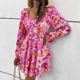 New Fashion European and American Womens Square Neck Printed Ruffle Sleeve Slim Fit Dress