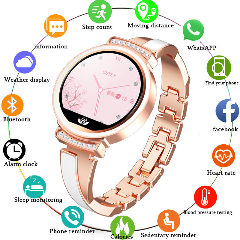 Rose gold smartwatch with a pink floral dial, rhinestone bezel, and bracelet style band