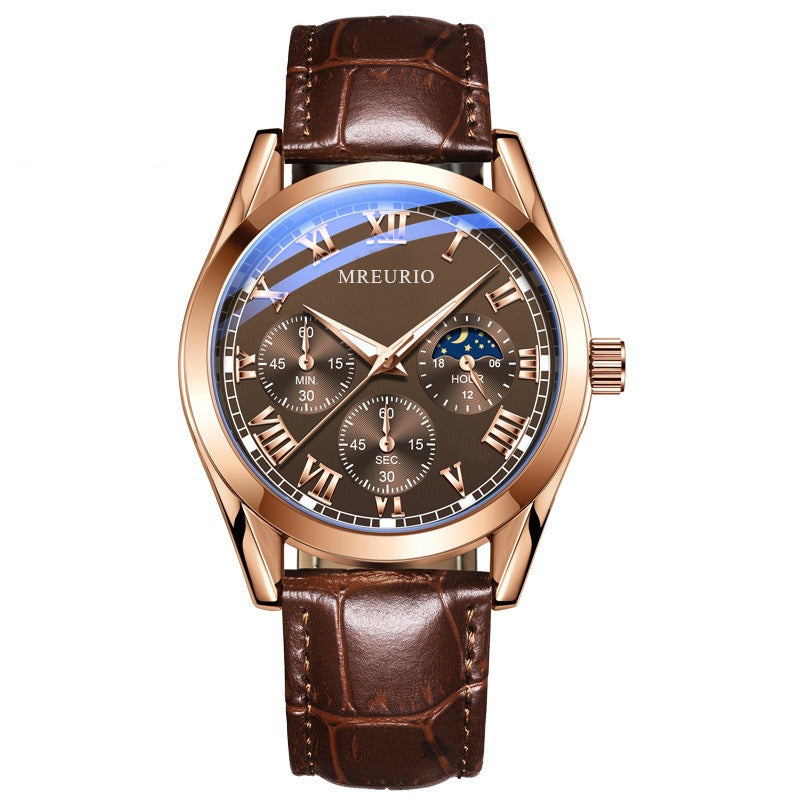 MREURIO rose gold chronograph watch with a brown dial, three subdials and a brown leather strap