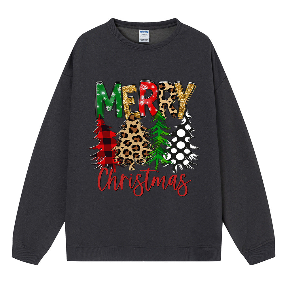 Merry Christmas Patterned Trees Sweatshirt, Christmas Graphic Crewneck Pullover