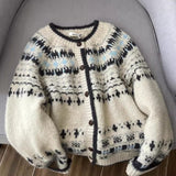Vintage Jacquard Round Neck Knit Cardigan for Women, Thickened Single-Button Loose Fair Isle Sweater Coat, Stylish Autumn Winter Top