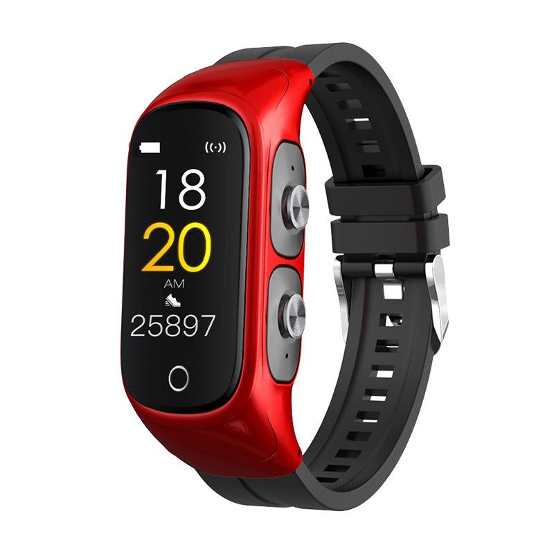 Red smart bracelet with small digital display, black silicone strap