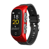Red smart bracelet with small digital display, black silicone strap