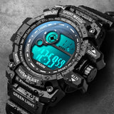 Black rugged digital watch with a glowing teal display and world time codes, shown with water droplets