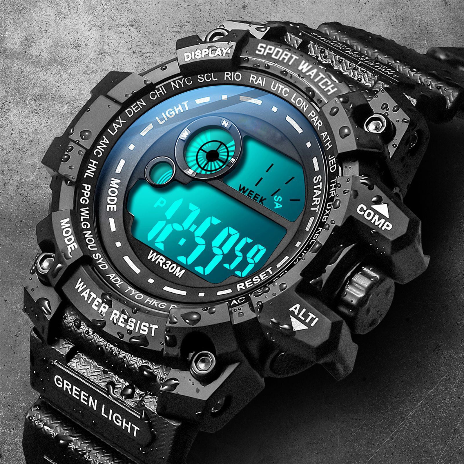 Black rugged digital watch with a glowing teal display and world time codes, shown with water droplets