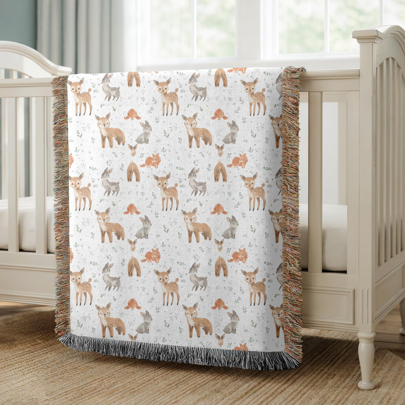 Woodland Deer Fox Baby Woven Blanket Forest Animal Nursery Decor Kids Throw Baby Shower Gift