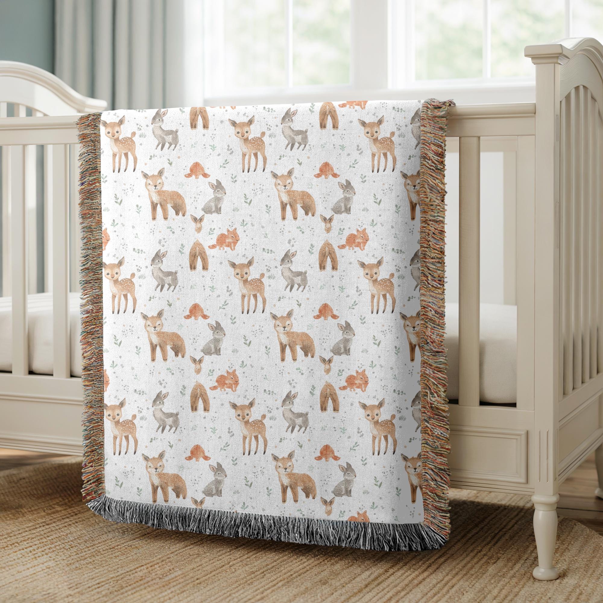Woodland Deer Fox Baby Woven Blanket Forest Animal Nursery Decor Kids Throw Baby Shower Gift