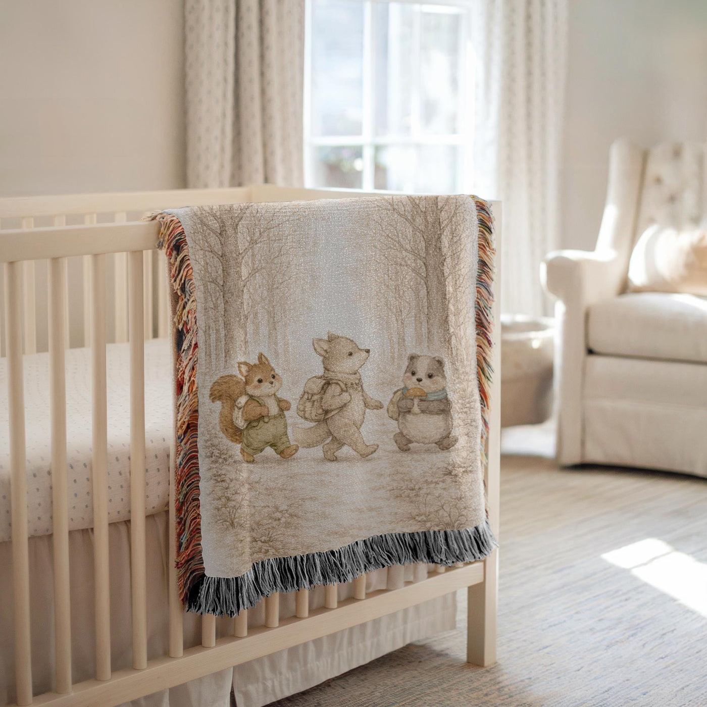 Woodland Friends Woven Blanket Forest Animal Nursery Decor Bear Fox Squirrel Kids Blanket Baby Shower Gift