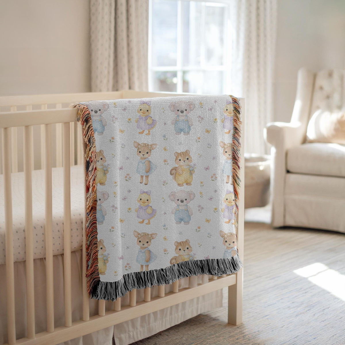 Cute Woodland Animal Baby Woven Blanket Forest Nursery Decor Koala Duck Deer Squirrel Kids Throw Baby Shower Gift