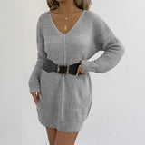 Knitwear Ready Stock Women's Deep V-Neck Sexy Sweater Innerwear Dress (Without Belt)