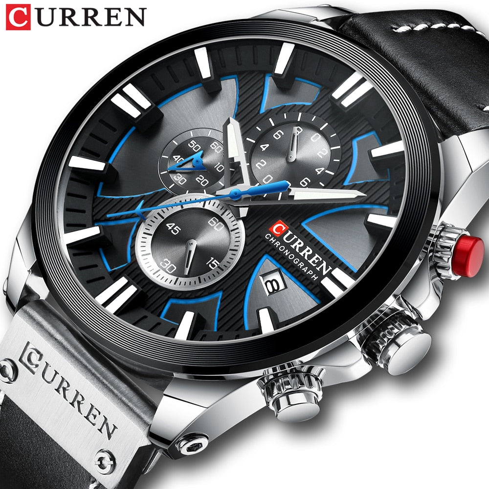 CURREN men's chronograph watch, black and gold dial, brown leather strap